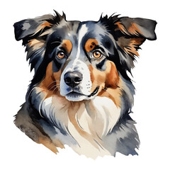 Fototapeta premium Australian Shepherd Dog Portrait Hand Drawn Watercolor Painting Illustration
