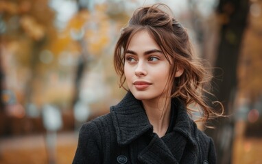 Obraz premium A young woman wearing a black coat makes eye contact with the camera