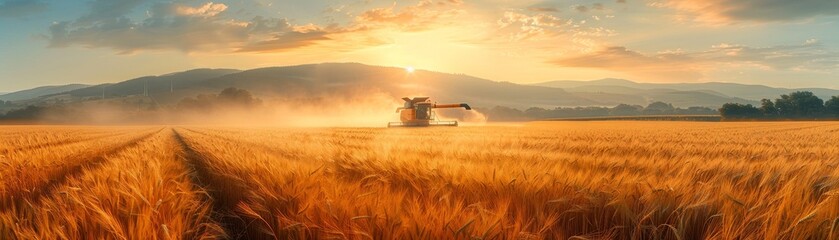 Naklejka premium Barley harvest, combine harvester in action, dust cloud behind, late afternoon light, wide field view