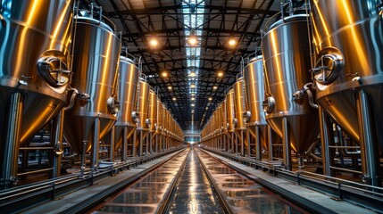 Lager fermentation tanks, gleaming steel, soft overhead light, wide shot showing scale of brewery