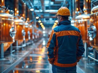 Brewery tour showcasing pilsner production, vats and piping, informative guide in foreground, wide interior shot