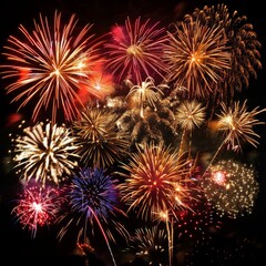 Fototapeta premium Wonderful vivid fireworks exploding on background of black night sky for celebration