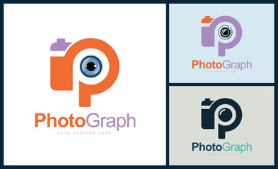 Camera lens eyes letter p photograph studio logo design template for brand or company and other
