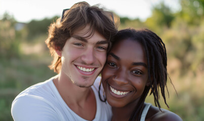 Fototapeta premium Selfie of a cute young couple in nature. Caucasian man and African American woman. Romantic selfie.