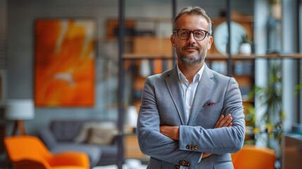 Fototapeta premium A professional business portrait featuring a confident executive standing in a sleek office environment, surrounded by modern furnishings and vibrant pops of color