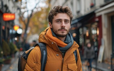 Fototapeta premium A young man with a beard wearing a yellow jacket walks down the street