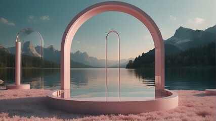 Modern Pink Archways Overlooking Tranquil Lake