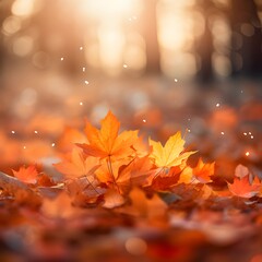 Autumn background with leaves falling on the ground in a forest at sunset. Generative AI.