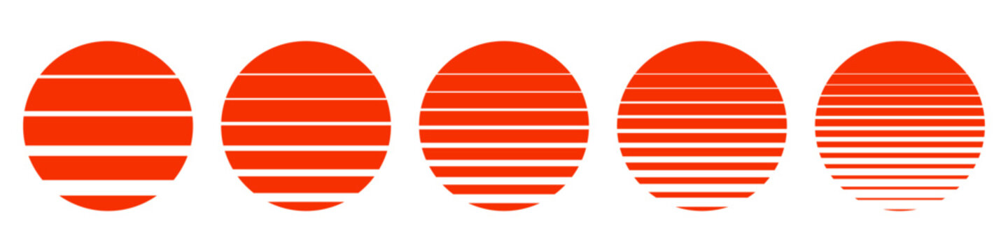 Vintage retro sun circle set, sun in retro 80s and 90s style, sunset sunrise isolated - vector