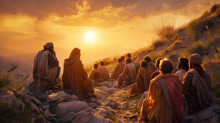 A group of people are sitting on a hillside, watching the sun set