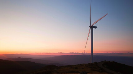 Obraz premium A wind turbine is standing on a hill in the evening