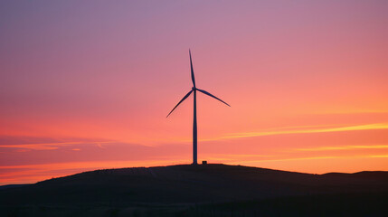 Obraz premium A wind turbine is standing on a hill in a beautiful sunset