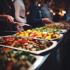 People group catering buffet food indoor in restaurant. Generative AI.