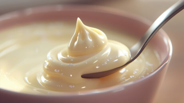 close-up view of a spoon lifting creamy mayonnaise from a container, showcasing its smooth texture and glossy sheen