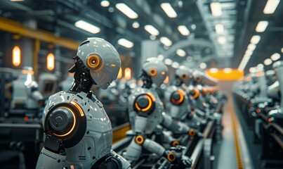 Fototapeta premium A modern factory floor where robotic arms and AI systems collaborate seamlessly with human workers, optimizing production processes and efficiency.