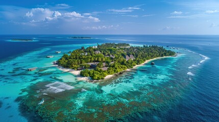 Fototapeta premium An aerial view of a remote island paradise, with palm-fringed beaches and crystal-clear lagoons inviting exploration and relaxation.