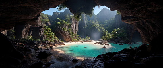 View from the cave. Exit from the cave. Sun rays into a cave. Tropical island. Sea lagoon. Beach. Morning jungle. Ferns on stones. Sun rays. Secret paradise. Poster, background, banner.