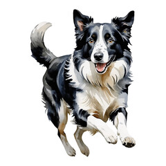 Black and White Collie Dog Hand Drawn Watercolor Painting Illustration