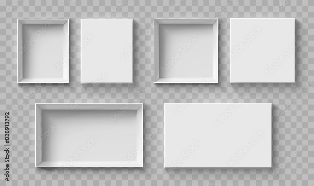 Poster open and close white gift boxes set, white square box top view, open cap, empty packages mockup 3d i