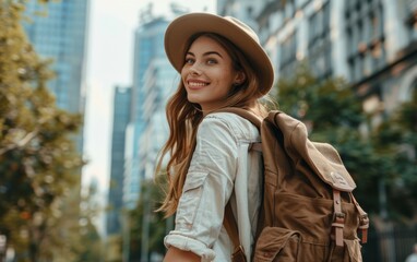 Fototapeta premium A young woman, wearing a brown hat and backpack, walks across the scene