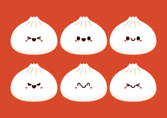 Cute Dim sum character, traditional Chinese dumplings, with funny smiling faces. Kawaii Asian food vector.