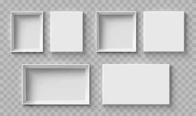 Open and close white gift boxes set, white square box top view, open cap, empty packages mockup 3d isolated, container mockup, empty carton package, realistic paper box - vector for stock