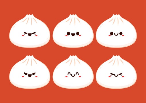 Cute Dim sum character, traditional Chinese dumplings, with funny smiling faces. Kawaii Asian food vector.