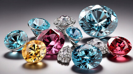 A variety of gemstones in different cuts and colors are scattered on a reflective surface.

