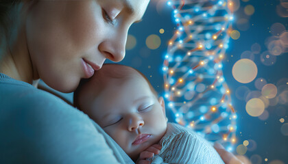 Noninvasive prenatal testing (NIPT). Woman holding sleeping baby on light blue background, closeup