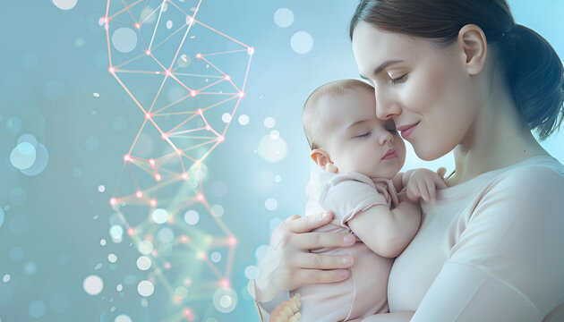 Noninvasive prenatal testing (NIPT). Woman holding sleeping baby on light blue background, closeup
