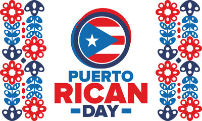 Puerto Rican Day. National happy holiday. Festival and parade in honor of independence and freedom. Puerto Rico flag. Latin american country. Patriotic elements. Vector poster illustration