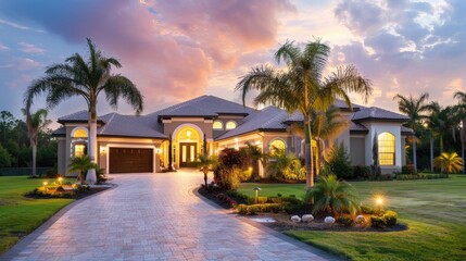 photo of beautiful home in florida with palm trees and large driveway, front view - Powered by Adobe