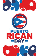 Puerto Rican Day. National happy holiday. Festival and parade in honor of independence and freedom. Puerto Rico flag. Latin american country. Patriotic elements. Vector poster illustration
