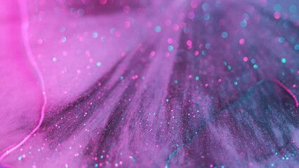 Sparkling overflow. Festive background. Pink colorful shimmer shiny watered particles sliding down...