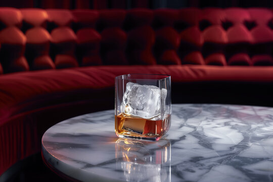 Whiskey glass on marble table in elegant lounge setting. Generative AI image