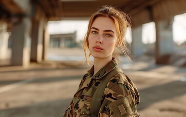 Fototapeta premium A young female soldier in a military uniform stands confidently in a parking lot