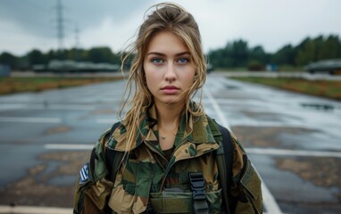 Female soldier in military attire standing on road
