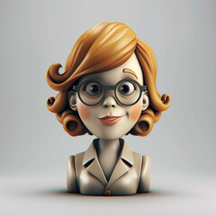 whimsical 3d caricature of nerdy woman with glasses and curly hair for character design and animation