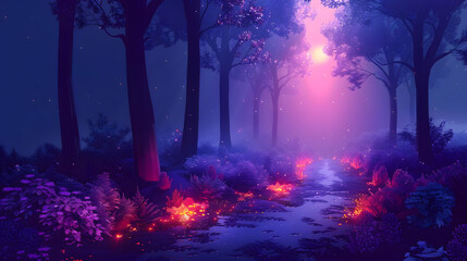 Fototapeta premium A magical forest pathway illuminated by glowing plants and ethereal light, creating a mystical and enchanting atmosphere