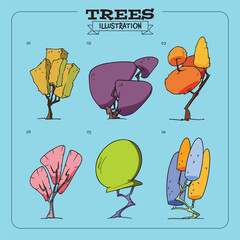 colorful drawing trees set. Colorful drawing vector illustration cartoon drawing on white background.