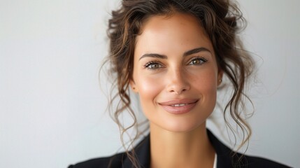 businesswoman exuding warmth and confidence, her captivating smile lighting up the frame against a pristine white background