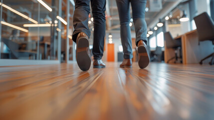 Two people walking in a room with wooden floors