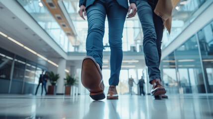 Fototapeta premium Two people walking in a large building with a lot of windows