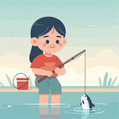 illustration of a happy child fishing. cartoon illustration