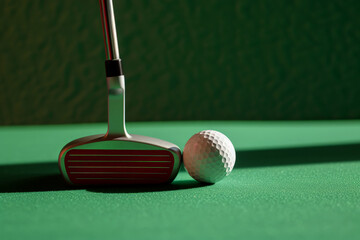 Close-up of golf club and ball on green. Generative AI image