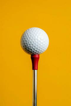 Close-up of a golf ball on a tee with yellow backdrop. Generative AI image