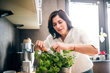 Beautiful mature woman taking care of herbs, cutting herbs for cooking in kitchen.