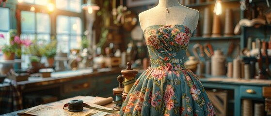 Dress form with elegant fabric draped, measuring tape in hand, detailed sewing patterns on table, realistic fashion studio