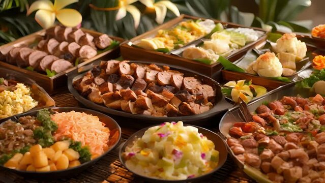 A traditional Hawaiian luaustyle buffet overflowing with dishes such as kalua pig and haupia for a taste of authentic island cuisine.
