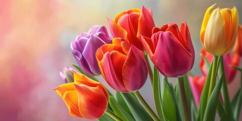 Naklejka premium Vibrant close-up of colorful tulips, showcasing the delicate petals and soft, painterly background
